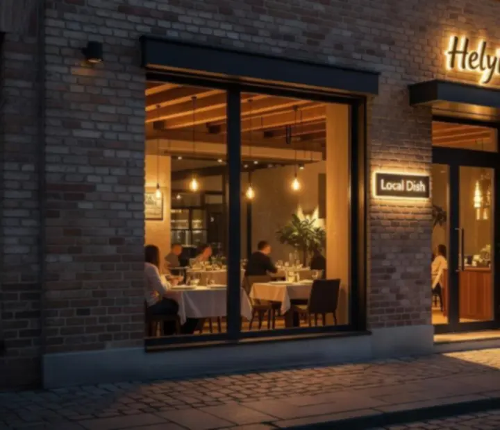 A Local Dish étterem esti külső látványa, bejárattal és hangulatos fényekkel