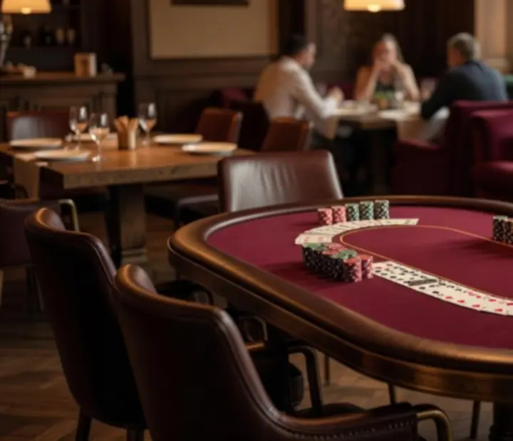 Offline poker lounge, kártyaasztalokkal és kényelmes székekkel