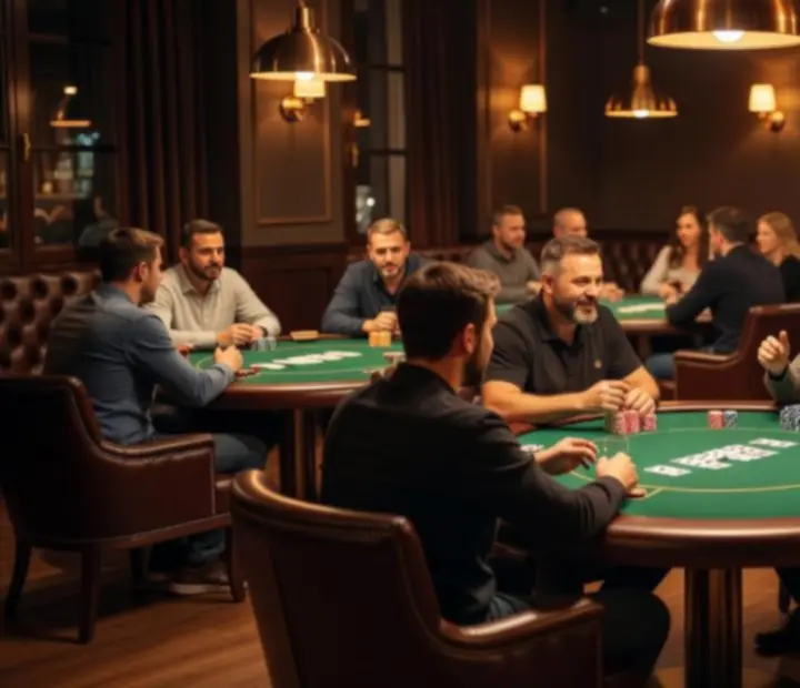 Hangulatos offline poker lounge belső tér, kártyaasztalokkal és lounge ülésekkel